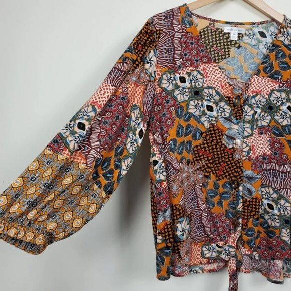 John Paul Richard Tie Front Blouse Womans Size XS Printed Rayon V Neck NEW - Picture 4 of 12